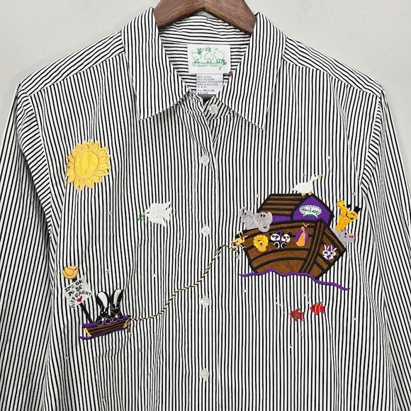 Vintage The Quacker Factory Top M White Striped Embroidered Button Up Noah's Arc - Picture 2 of 11